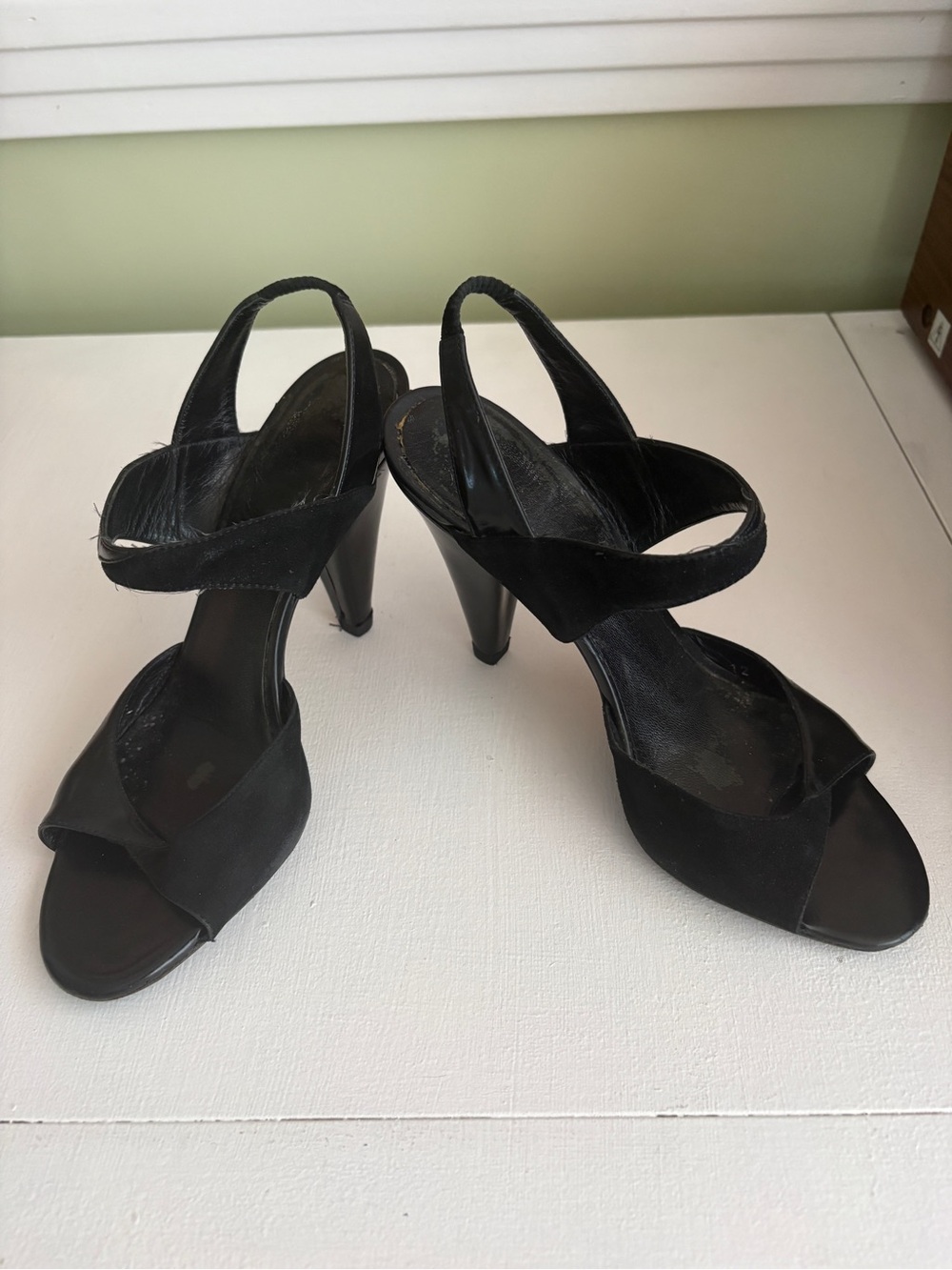 Vintage Dior Black Suede & Patent Leather Slingback High Heel opened toe heels